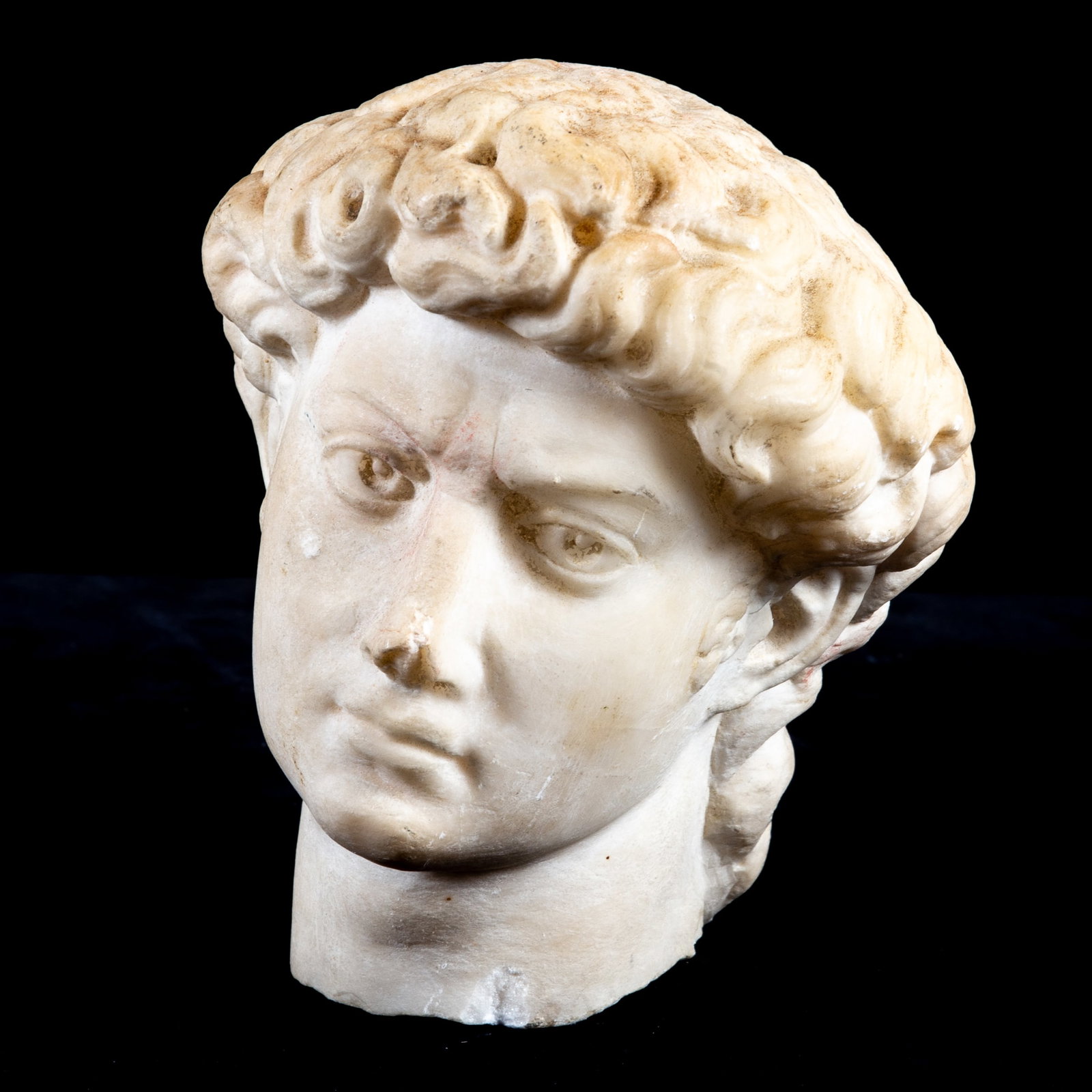 ANTIQUE MARBLE HEAD OF DAVID: Wear, some chips, neck loose, needs cleaning, H-9 1/2", F