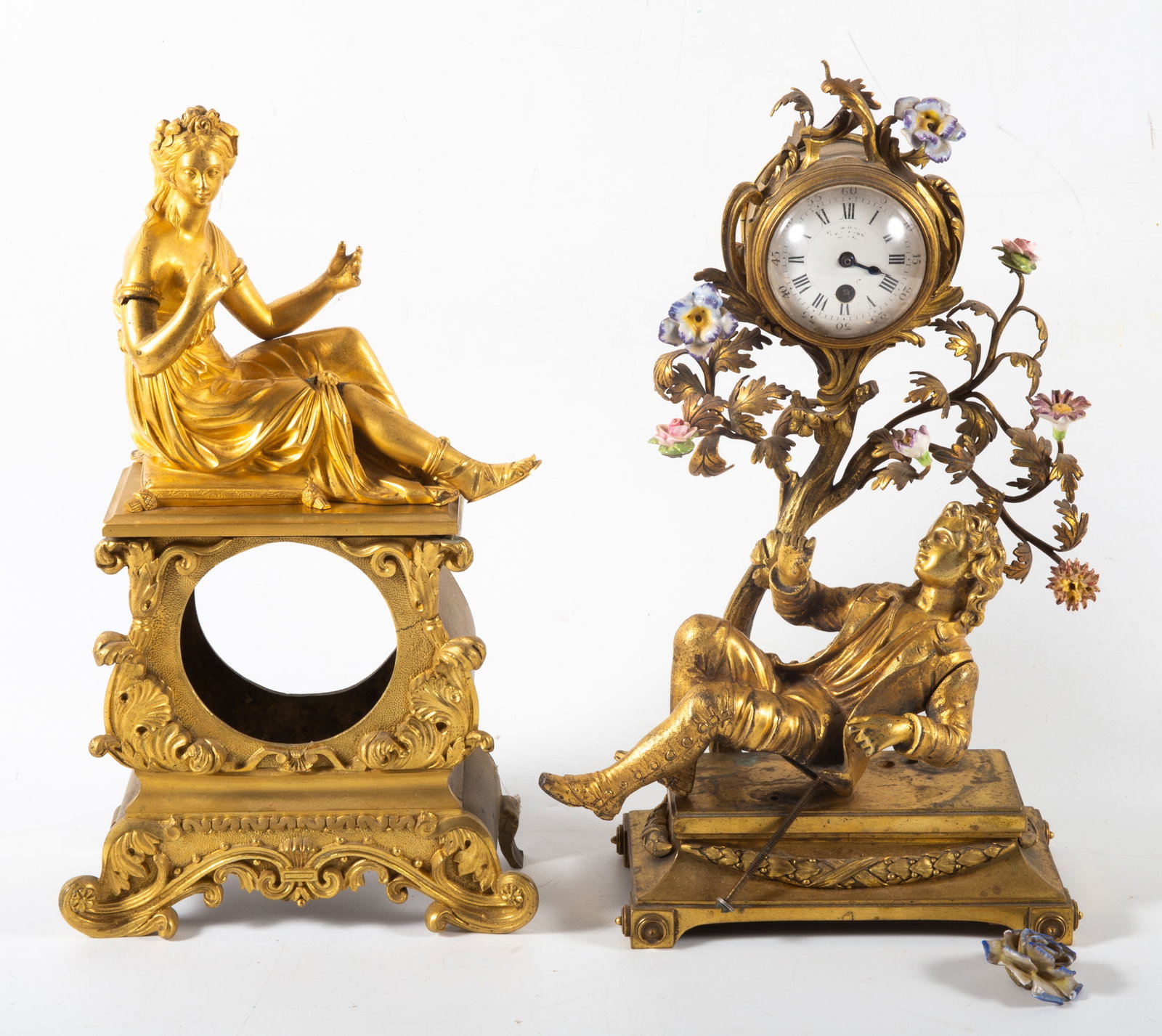 (4) GILT BRONZE CLOCK PARTS: (1) Floral / foliate clock base with clock (not running); (1) foliate clock frame- no clock; (2) figures for clocks or similar; wear, H 7"-12.5", F-G