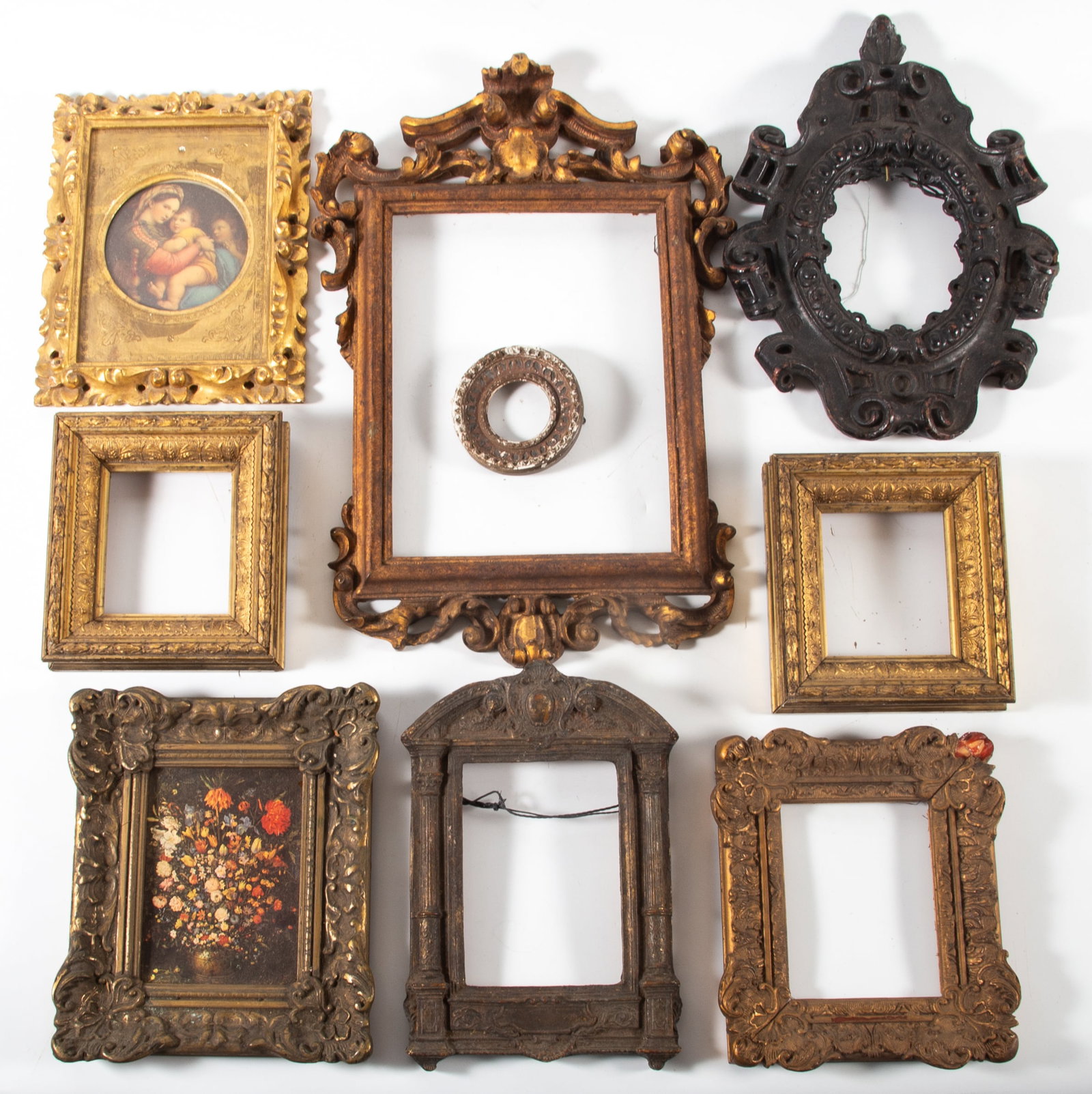 (9) ANTIQUE FRAMES: Mostly wood, some with gesso, small to medium, some losses/wear, largest: 16"x10", F-G