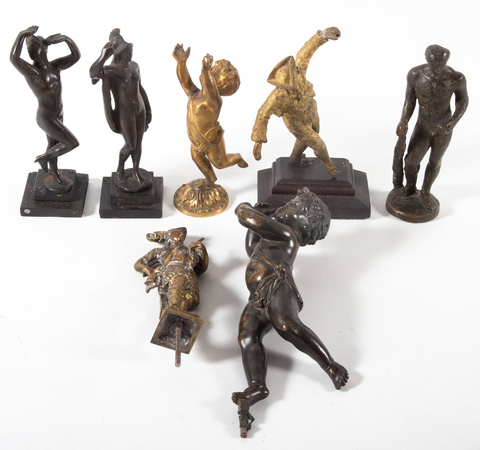 BRONZE CLASSICAL FIGURES: Mostly bronze or painted bronze- most were mounted on objects; cherub, knight, goddess, etc., wear, H: 6"-8", F-G
