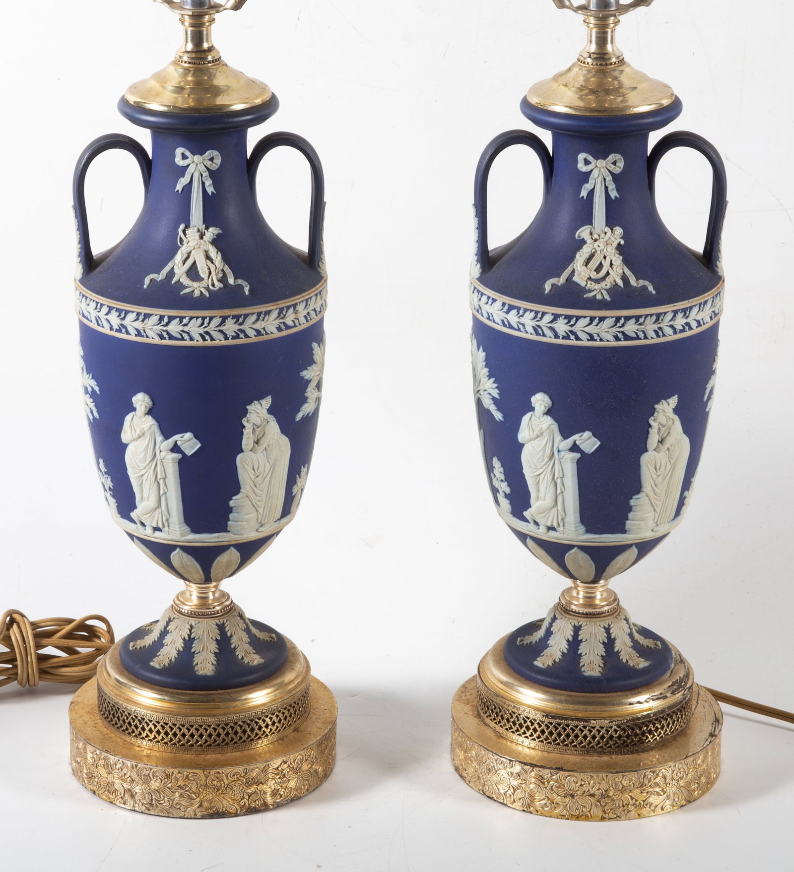 PAIR OF WEDGWOOD LAMPS: Dark blue, classical decoration, normal wear, H: 25", G-VG