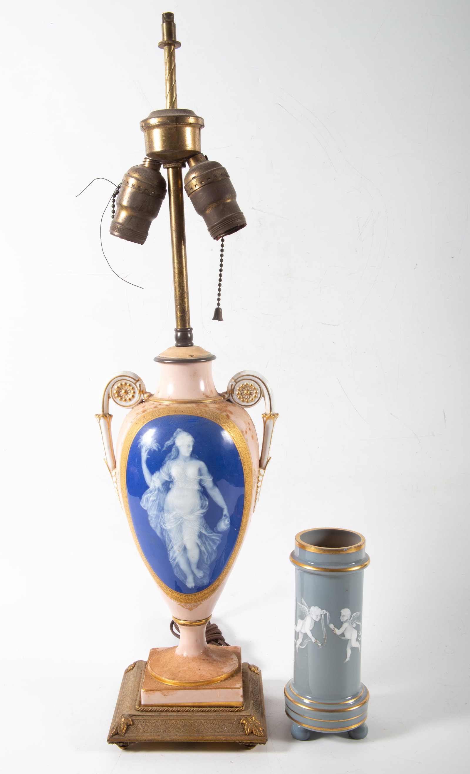 (2) PATE SUR PATE: (1) Table lamp, H-24"; (1) vase, minor rub losses, H-7"; normal wear, F-G