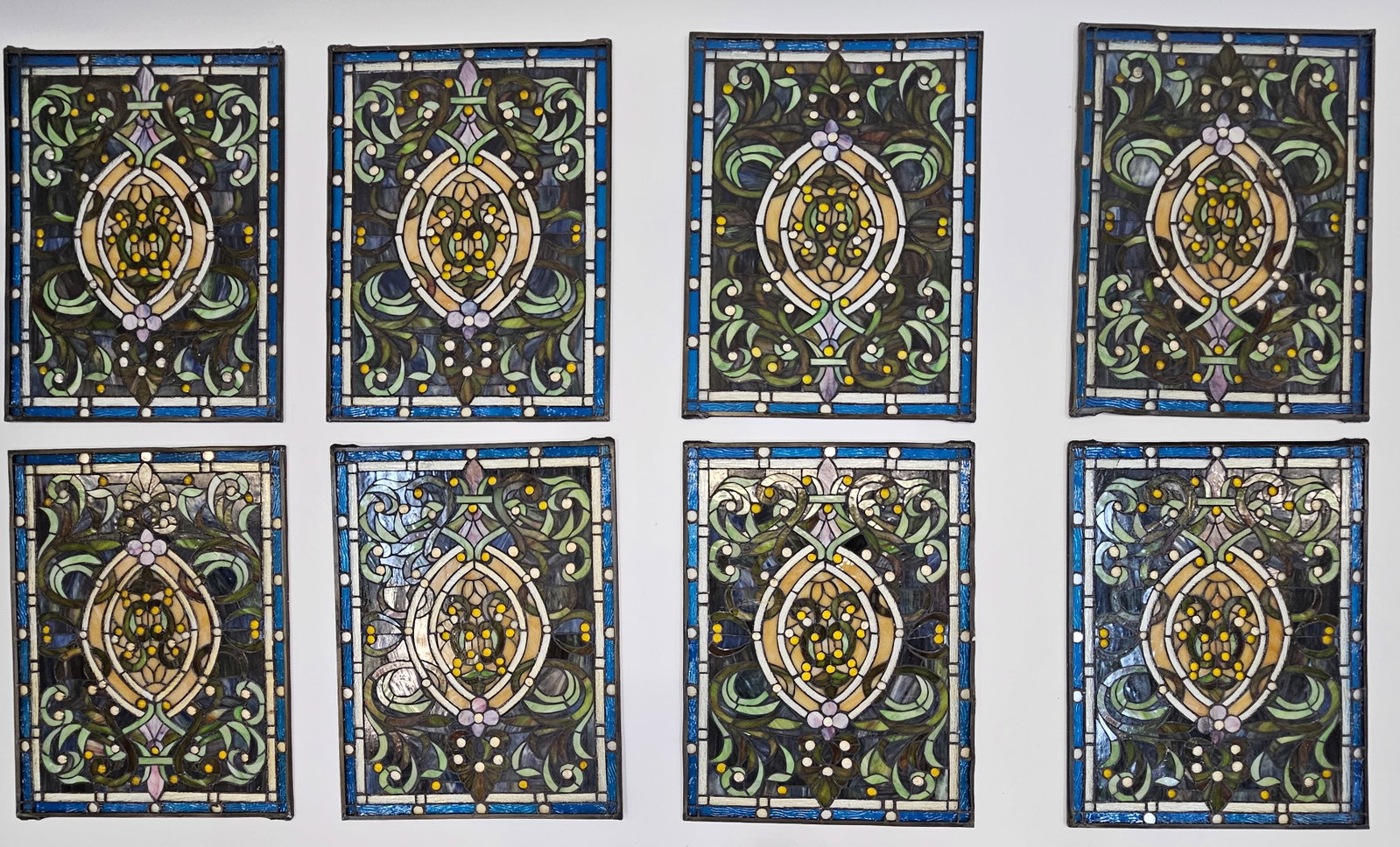 (8) LEADED GLASS PANELS: Jewels and gemoetric floral forms, H-25"xW-19", G-G+