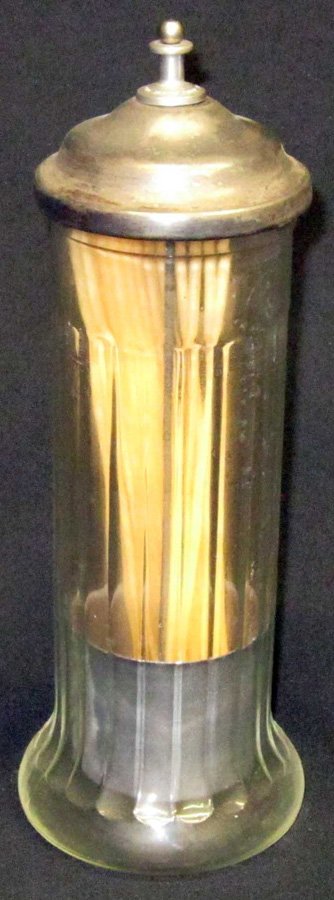 CLEAR GLASS STRAW HOLDER: 20 panel; pewter lid with lifter and spinning finial; patent dates 1912 & 1915; H-12 1/2", VG-EX