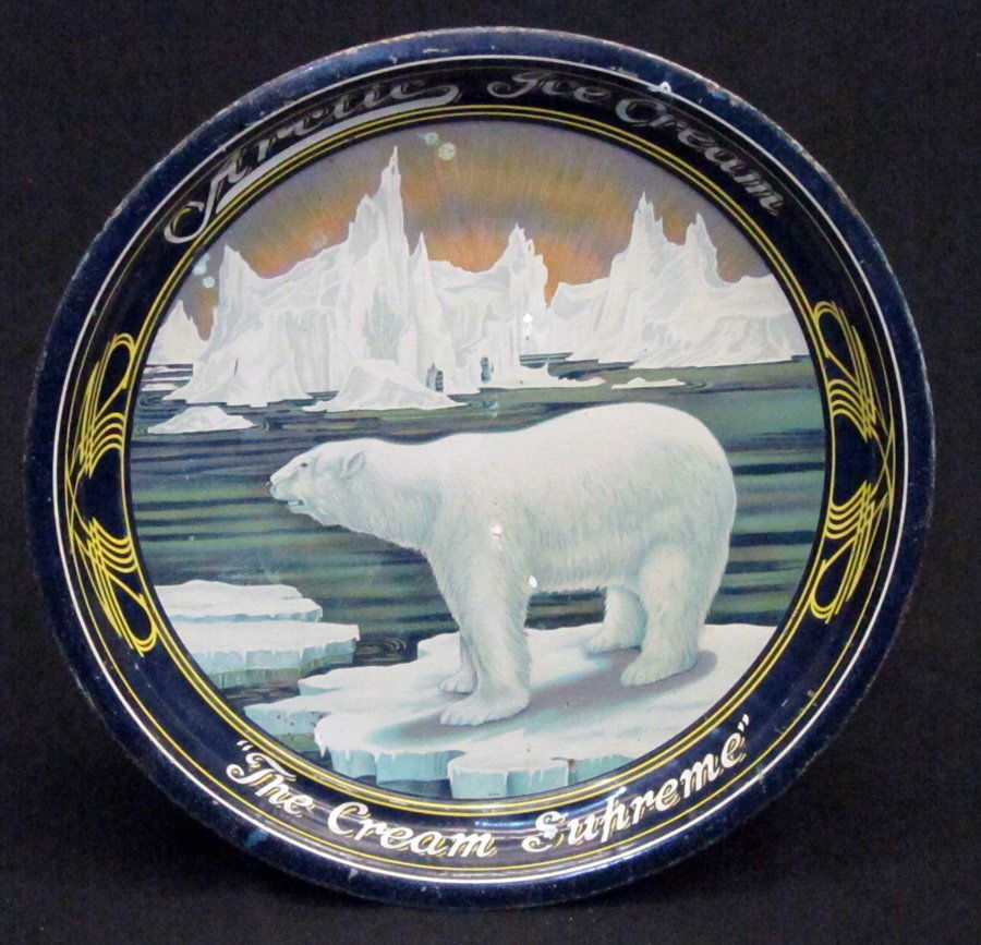 ARCTIC ICE CREAM TRAY: Litho tin; "The Cream Supreme"; rim chips and wear; inner blemishes and spots; Dia.-13 1/2", G-VG