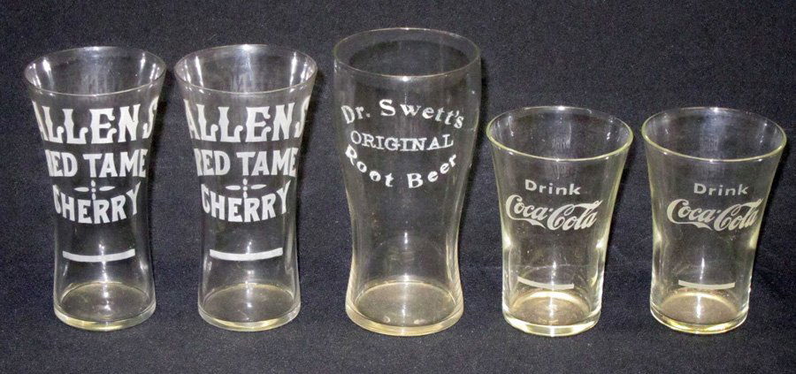 ADVERTISING SODA FOUNTAIN GLASSES (5): Clear glass, mostly flare tops; (2) "Drink Coca-Cola" with syrup line, (2) "Allen's Red Tame Cherry" with syrup line; (1) "Dr. Swetts Original Root Beer"; some wear; H-3 1/2" - 5", VG
