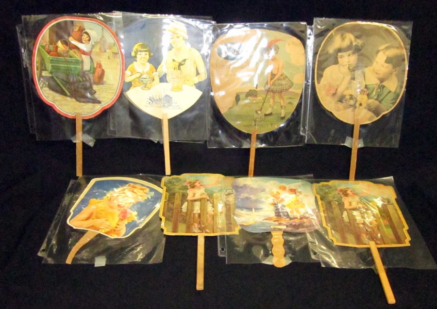 ICE CREAM ADVERTISING FANS (9): Wood handles; Shady Lawn, Tech, Tastee, Kirkendalls, Tims, Meyer, Jonson; (3) with rips; F-G