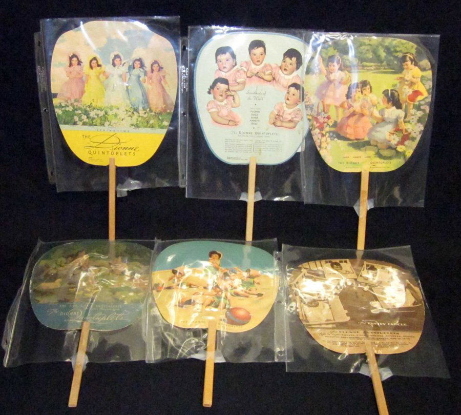THE DIONNE QUINTUPLETS ICE CREAM & FANS (6): Wood handles; Velvet, Defiance, Alpine, Schmidts, Knutson, Hoffmans; (1) with creases; G-VG