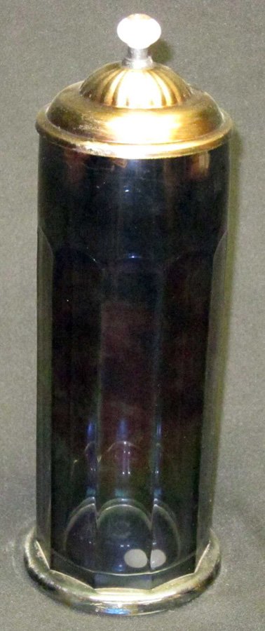 CARNIVAL OR IRIDIZED GLASS STRAW HOLDER: Smoky blue color; arched vertical panels; metal lid; H-12", G-VG