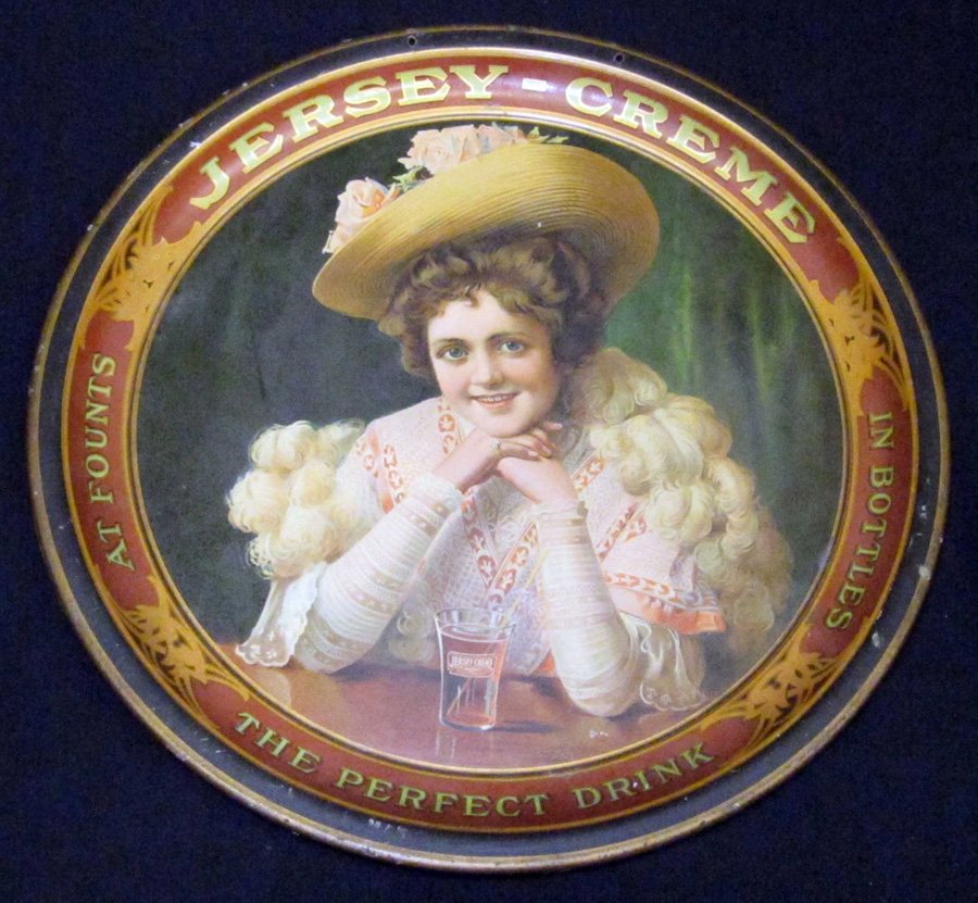 JERSEY CRÈME SODA TRAY: Tin litho; "The Perfect Drink"; (2) nail holes, uniform crazing; fading; Dia.-12", G