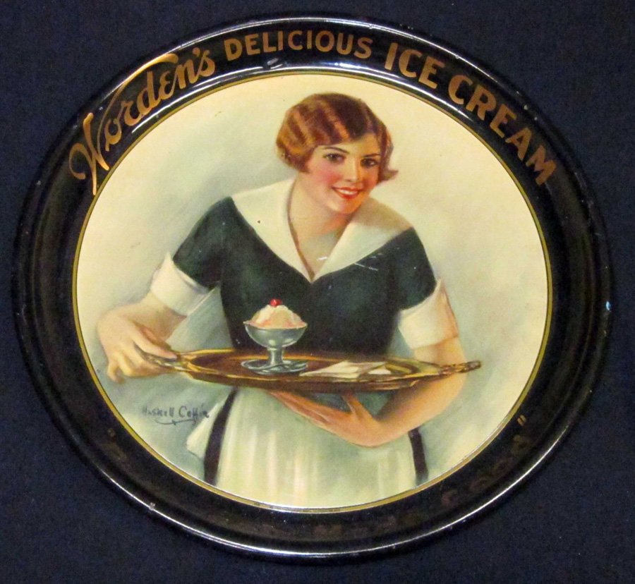 WORDENS ICE CREAM TRAY: Litho tin; Haskell Coffin - American Art Works; "Purposely Made Good"; some rim chips; minor interior flakes and chips; Dia.-13", VG