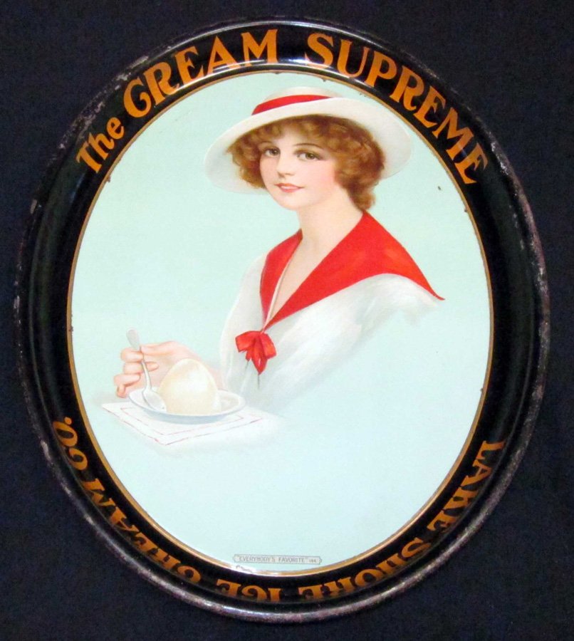 LAKE SHORE ICE CREAM TRAY: Litho tin; "The Cream Supreme - Everybody's Favorite"; some edge wear; minor interior blemishes; H-16", G-VG