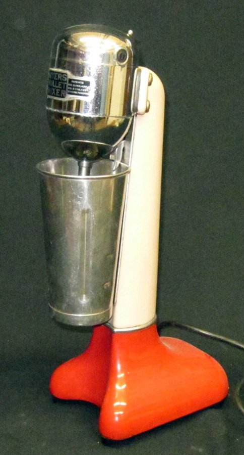 MYERS BULLET MIXER: Two-tone red and tan; porcelain base; runs; H-19", VG-EX