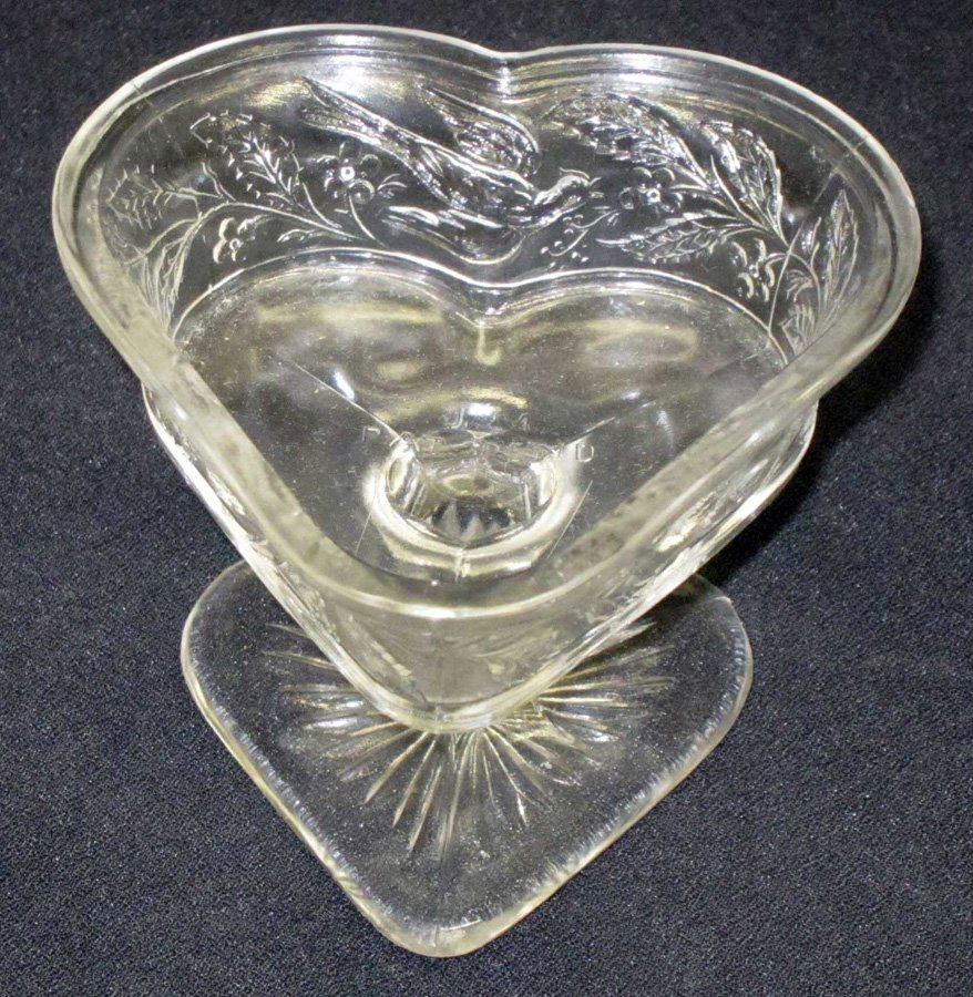 HEART SHAPED ICE CREAM DISH: J. M. Pat - clear glass with bird motif; footed heart shape base; H-3 1/2", VG-EX