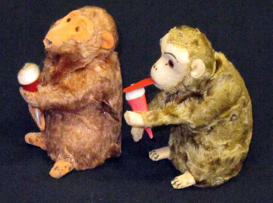 MONKEY ICE CREAM TOYS (2): Plush covered; mechanical; working; (1) marked Germany; wear; H-5", G