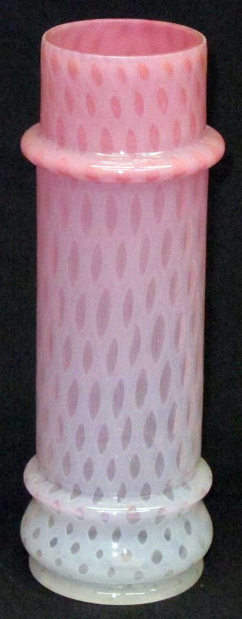 PINK OPALESCENT GLASS STRAW HOLDER: Pink to white glass with rice pattern collared top; shaped bottom; H-11", VG-EX