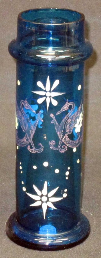BLUE GLASS & ENAMELED STRAW HOLDER: Blue glass with applied phoenix birds and enameled floral and dot decorations; collared top; slight rim imperfection; H-10 1/2", VG-EX