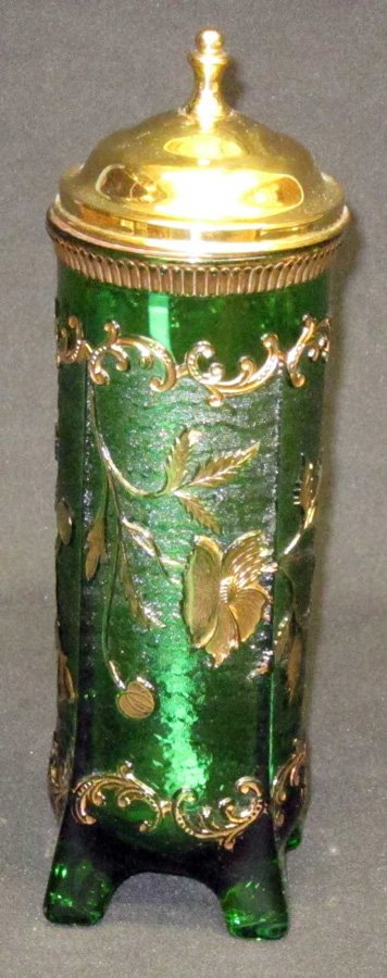 DELAWARE TYPE GLASS STRAW HOLDER: Dark green glass with gold enameled raised floral and foliate decoration; raised on feet; metal lid may or may not be original; H-11 1/2", VG-EX
