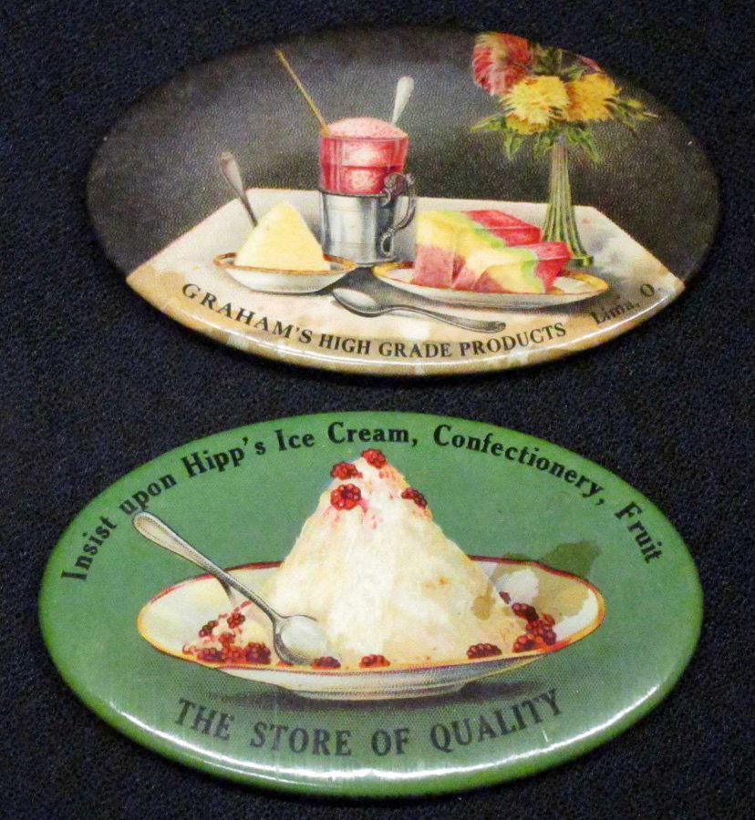 ICE CREAM POCKET MIRRORS (2): Litho celluloid; (1) Hipp's Ice Cream; (1) Grahams - Lima O; slight blemishes; small ding; mirror have blemish spots; L-2 3/4", G