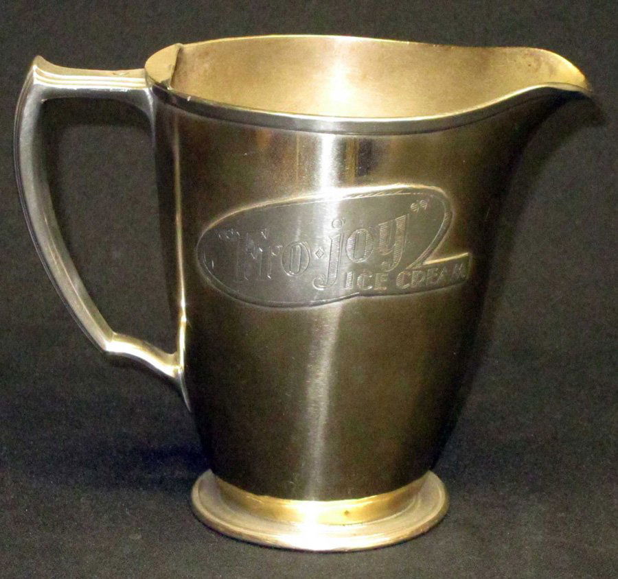 SODA FOUNTAIN FRO-JOY PITCHER: Plated pitcher with applied "Fro-Joy Ice Cream" plaque; H-6", G-VG