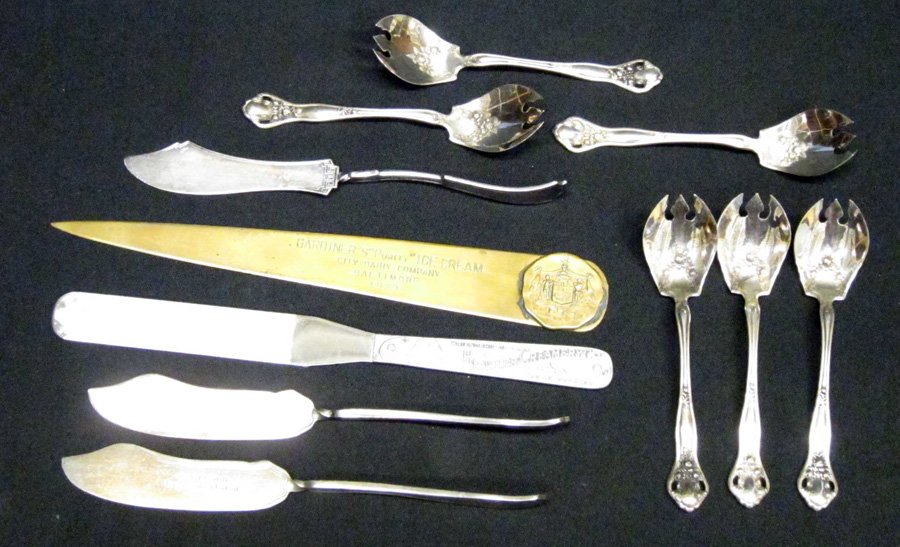 ADVERTISING ICE CREAM PLATEDWARE ETC. (11) PCS.: (6) Ornate ice cream spoons, (3) spreaders - Abbotts, etc.; (1) Hendler's Velvet spatula; (1) Gardiners letter opener, brass; L-9", G-VG