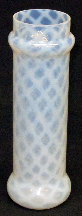 OPALESCENT GLASS STRAW HOLDER: Light bluish tinged glass with white checkerboard opalescence; collared top; bulbous base; a few tiny rim flakes; H-10", VG