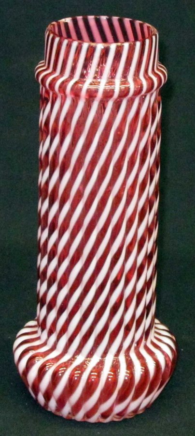 CRANBERRY OPALESCENT GLASS STRAW HOLDER: Ribbed pattern with white opalescent swirl; collared top; minor rim flake; H-10 1/2", VG-EX