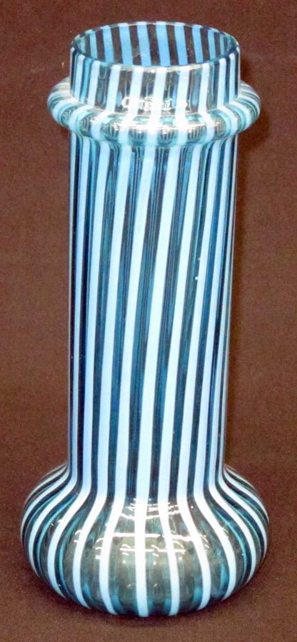 BLUE OPALESCENT GLASS STRAW HOLDER: Vertical blue opalescent lines; collared top; bulbous base; H-10", VG-EX