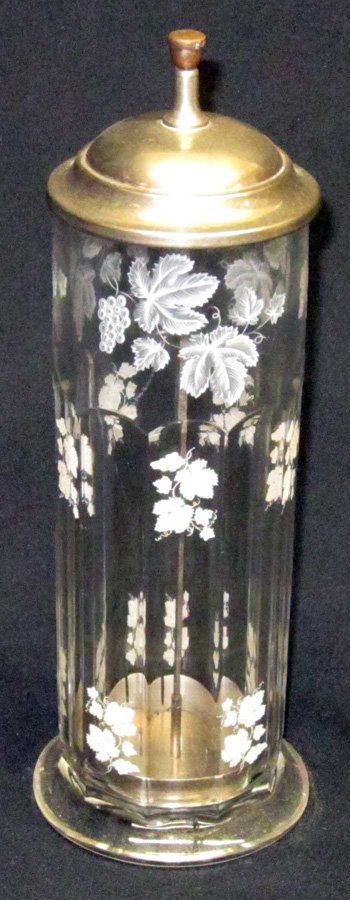 LEAF DECORATED STRAW HOLDER: Clear glass with arched vertical panels with white foliate applied decoration; metal lid and lifter; H-12 1/2", VG-EX