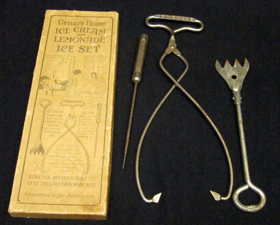 "UTILITY" ICE CREAM & LEMONADE SET: Metal tools in original box; box toned and worn; H-13", G