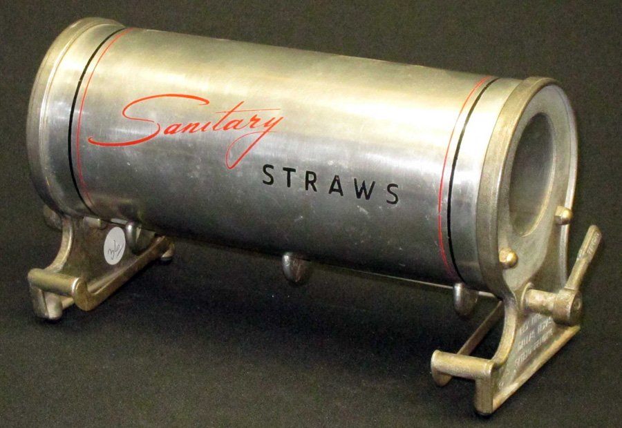 "SANITARY STRAW" DISPENSER: Metal with lettering; footed; glass ends; Rex Manufacturing - Texas; L-10", VG-EX