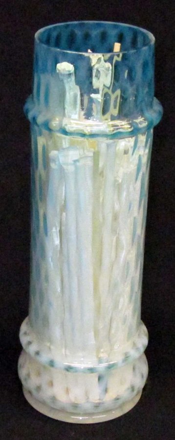 BLUE & WHITE OPALESCENT STRAW HOLDER: Lattice opalescent; top and bottom collars; minor flakes on top rim; H-11 1/2", VG-EX