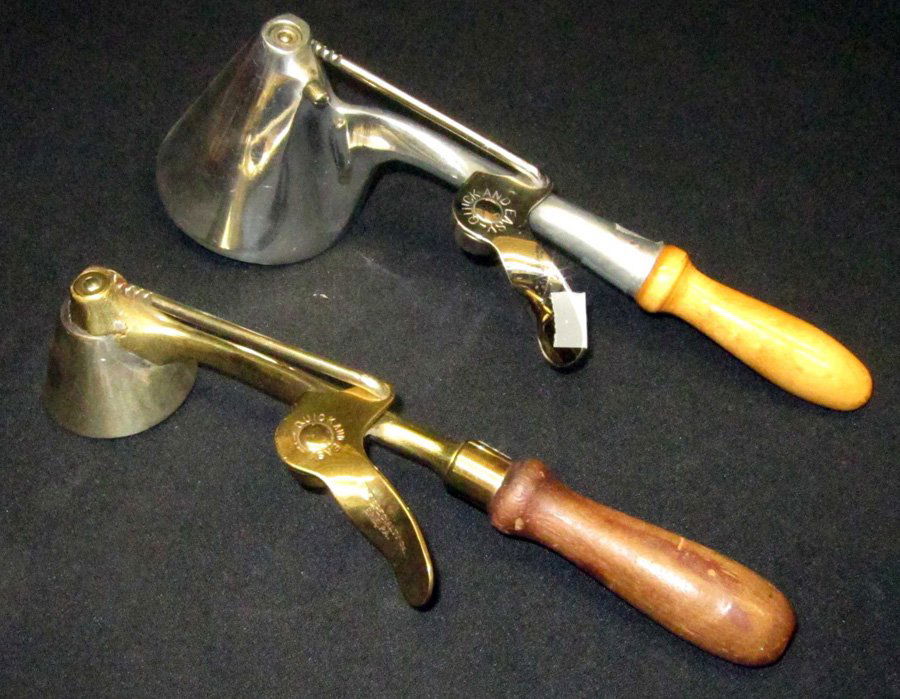 ERIE SPECIALTY CO. CONICAL ICE CREAM SCOOPS (2): Quick and Easy; wood handles; (1) No. 31, [6], L-11"; (1) [20], polished brass, L-10 1/2", VG-EX