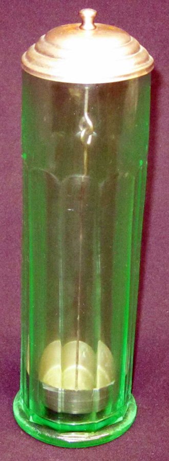 GREEN DEPRESSION GLASS STRAW HOLDER: Tall, metal lid and lifter with hinged rod; H-13", VG-EX