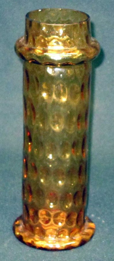 AMBER GLASS STRAW HOLDER: Interior raised thumbprint; collared top; (2) small flakes on rim; H-10", VG