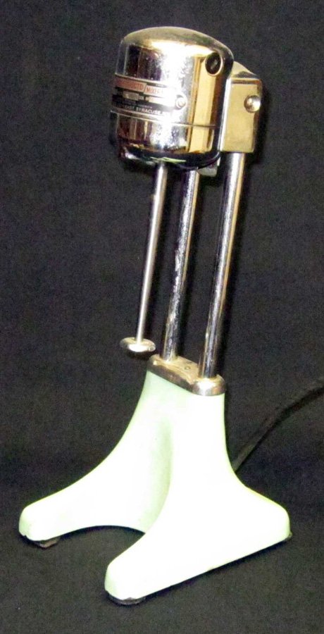BENEDICT INDESTRUCTO MIXER NO. 58: Green porcelain base; runs; will include a cup (not shown); minor pitting; couple minor porcelain chips; H-17", G-VG