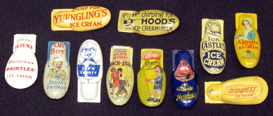 ADVERTISING ICE CREAM CLICKERS (11): Tin litho; includes: Jack & Jill, Abbotts, Dairy Lea, Pages, Yuengling, Smiths, Hoods, Castle's, Hershey's, Midwest, Cap'n Frosty; some wear; L-2", G-VG
