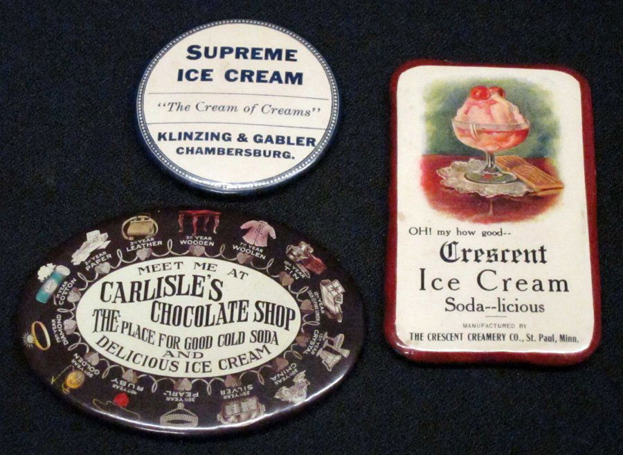 ADVERTISING ICE CREAM POCKET MIRRORS (3): Celluloid; (1) Carlisle's Chocolate Shop; (1) Crescent; (1) Supreme; mirrors discolored; longest L-2 1/2", G-VG