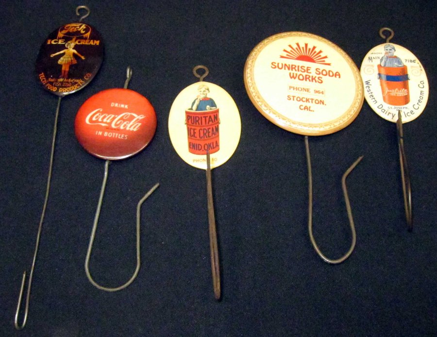 ICE CREAM ADVERTISING BILL HOOKS (5): Celluloid and wire; Coca-Cola, Puritan, Western Dairy, Tech, Sunrise Soda; some darkening on Tech and Coca-Cola; H-7"-10", G-VG