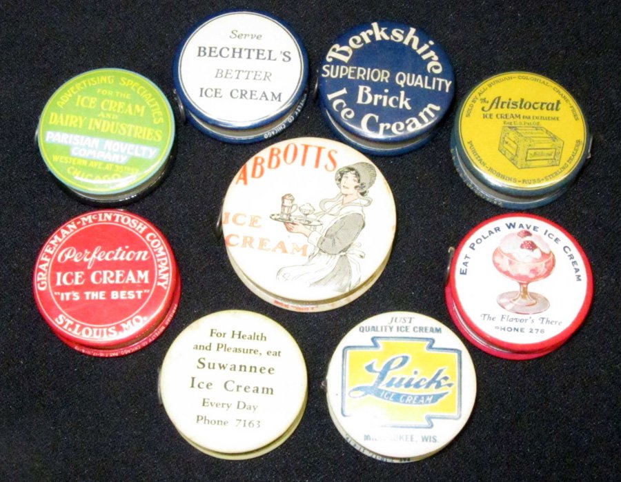 ICE CREAM ADVERTISING TAPE MEASURES (9): Celluloid covers; all retractable; Abbotts, Aristocrat, Berkshire, Polar Wave, Bechtel's, Luick, Suwanee, Perfection, Parisian Novelty Advertising Co.; Dia.-1 1/2", VG-EX