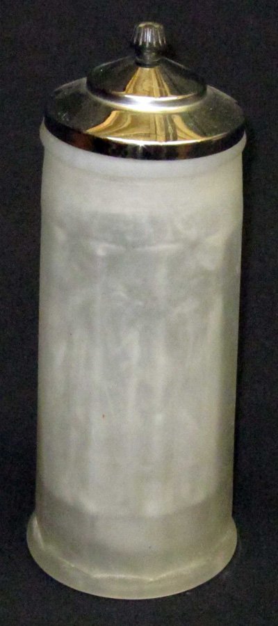 FROSTED GLASS STRAW HOLDER: Metal top with lifter; bottom embossed "300X"; cloudy interior; H-11", VG