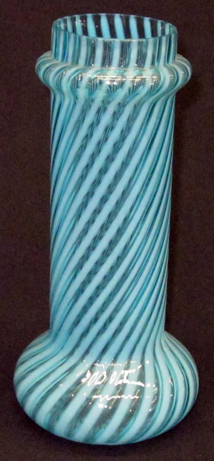 BLUE & WHITE OPALESCENT STRAW HOLDER: Swirl pattern; collar top; bulbous bottom; (1) minor rim flake; VG-EX