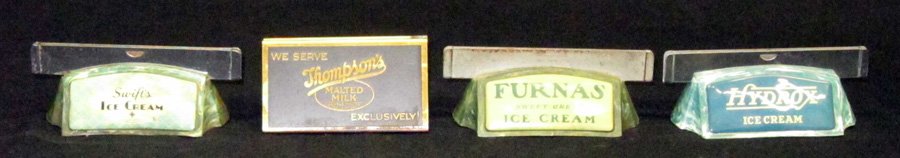 ICE CREAM ADVERTISING MENU HOLDERS (4): Hydrox, Swifts, Furnas, have celluloid bases; Thompsons has metal base; some discoloration and crazing; L-4"-5", G-VG