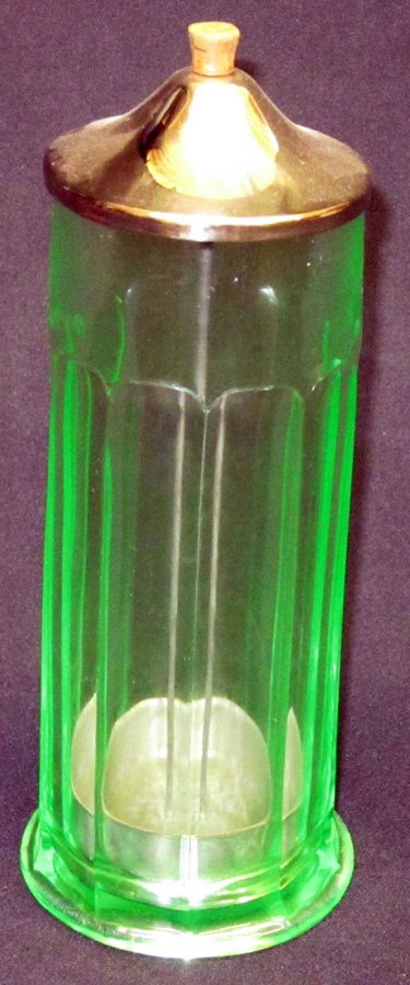 GREEN DEPRESSION GLASS STRAW HOLDER: Metal lid and lifter; small bruise on bottom rim; H-11", G-VG