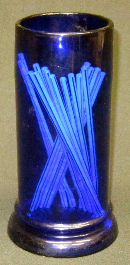 COBALT BLUE GLASS STRAW HOLDER: Clear pressed glass lid, probably not original; H-9", VG-EX
