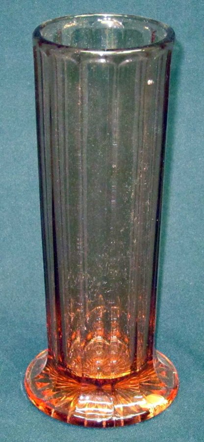 PINK GLASS STRAW HOLDER: Vertical panels, (2) mold imperfections near rim; no lid; H-10 1/2", VG-EX