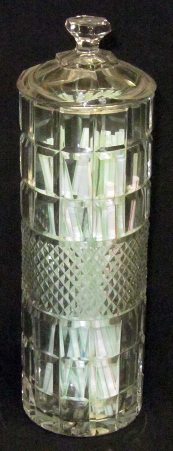 PATTERN GLASS STRAW HOLDER: Clear glass strawholder with top; raised panels with checkered central band; H-12 1/2", VG-EX