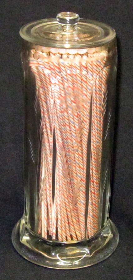 ETCHED DAISY GLASS STRAW HOLDER: Clear glass with arched panels and etched daisys; lid may or may not be original; H-10 1/2", VG-EX