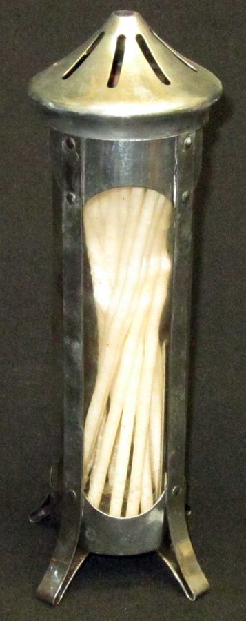 ROCKET SHIP STRAW HOLDER: Clear glass straw holder with metal casing; appears that straw will exit through open pointed top; L-12", VG-EX