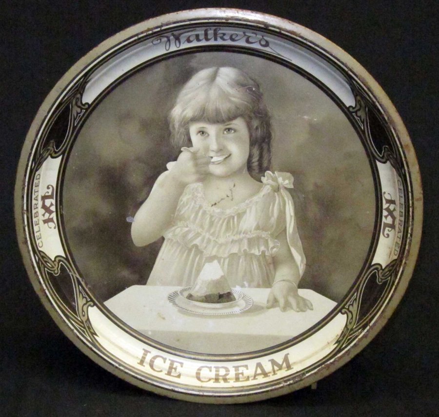 WALKERS ICE CREAM TRAY: Litho tin; "Celebrated IXL", rim wear and losses; interior scratches and blemishes; Dia.-13 1/2", F-G